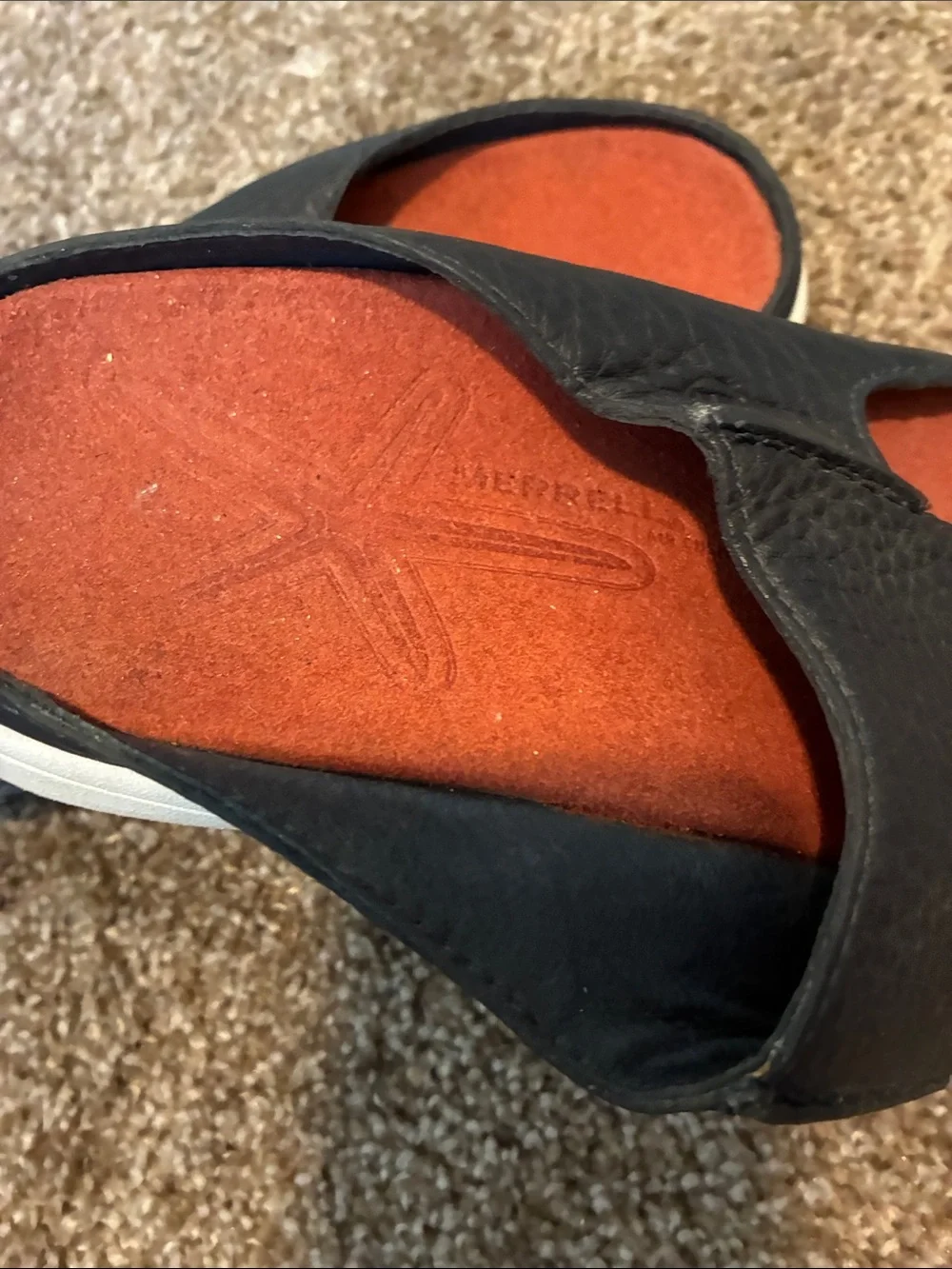 Merrell Manu  Navy Leather Slide Performance Sandals with Orange-Red Footbed